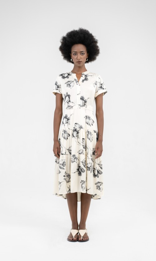 Sixdo White Leaf Silk Midi Dress
